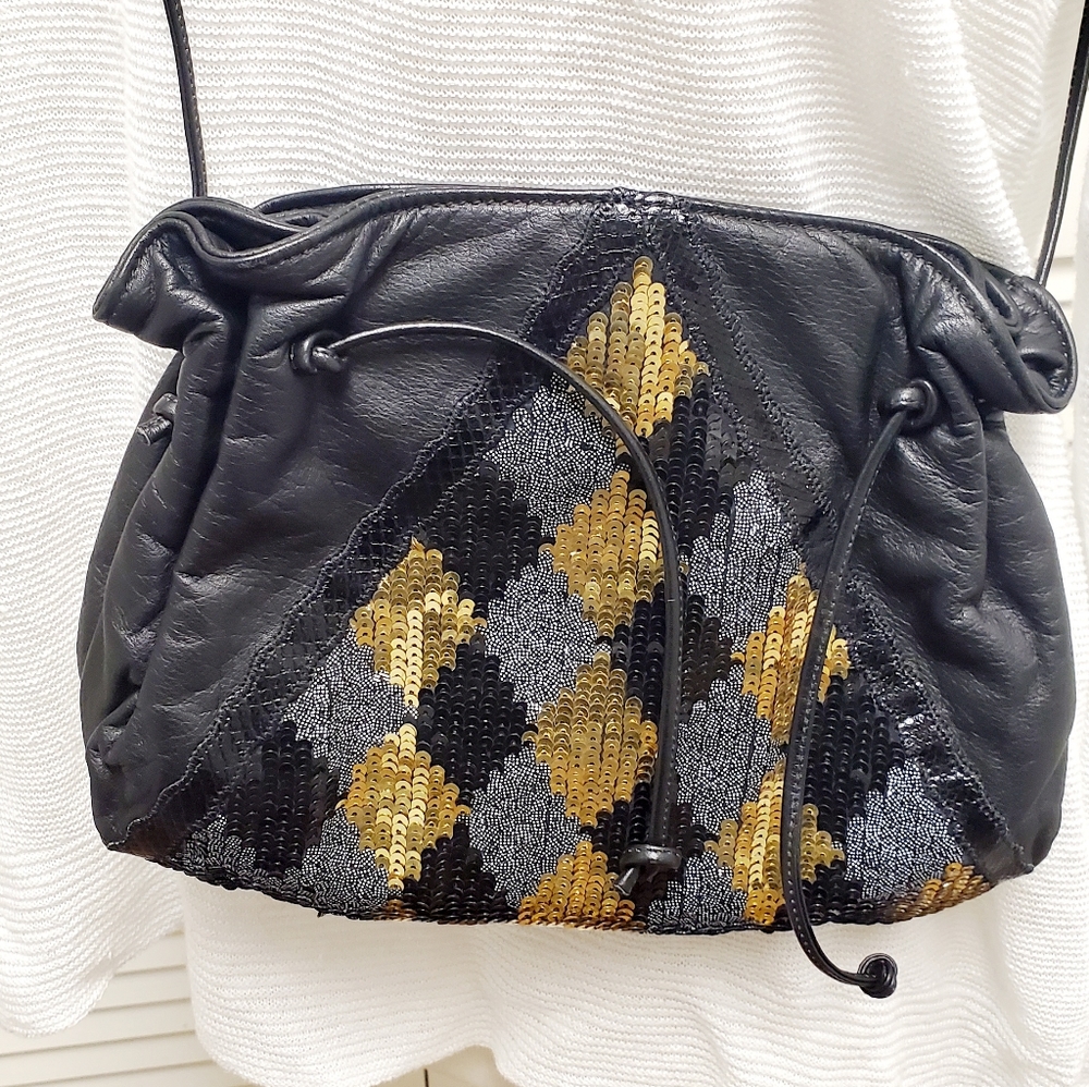 New Carlos Falchi Black Leather w/ Gold Silver Sequins Crossbody Evening Bag